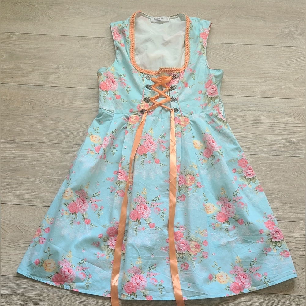 Jasambac Floral Lace-Up Dress in Blue and Orange